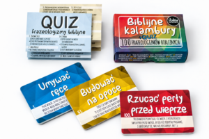 Biblijne Kalambury – pudełko gry religijnej, drukowany quiz oraz karty z hasłami „Umywać ręce”, „Budować na opoce” i „Rzucać perły przed wieprze”.
