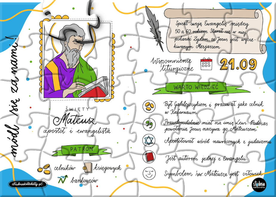 Infografika i karta pracy o świętym Mateuszu Apostole