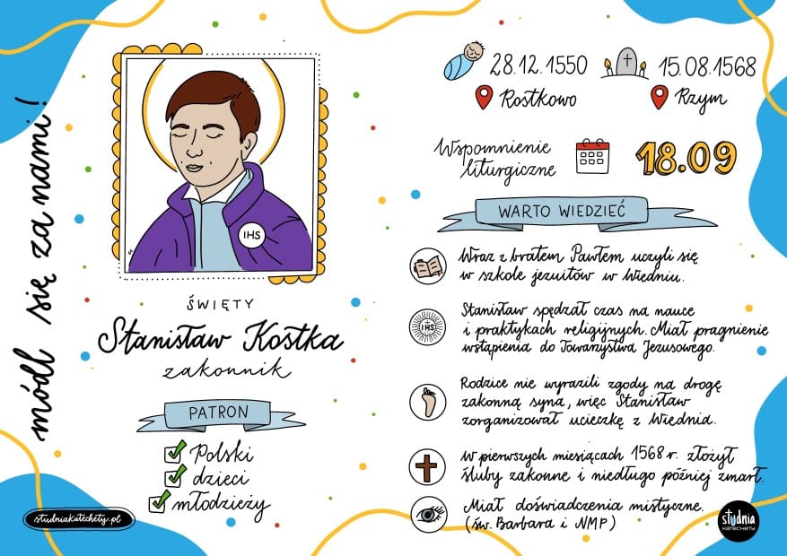 Św. Stanisław Kostka - infografika i karty pracy - pliki PDF do pobrania i wydruku ⏬🖨️