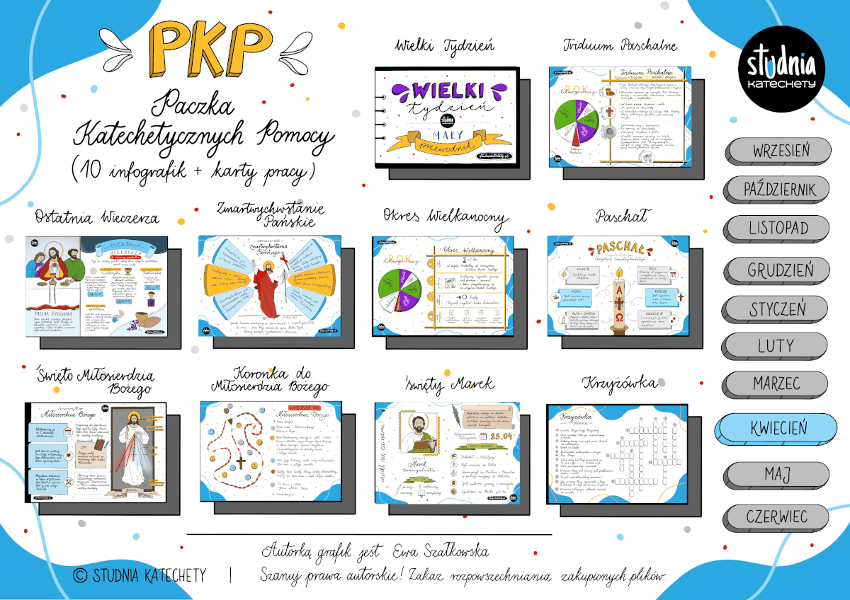 kwiecień na lekcjach religii, karty pracy pdf i infografiki do wyświetlania