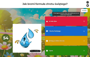 Ekran z pytaniem o sakramenty w aplikacji Kahoot wyświetlany podczas zajęć