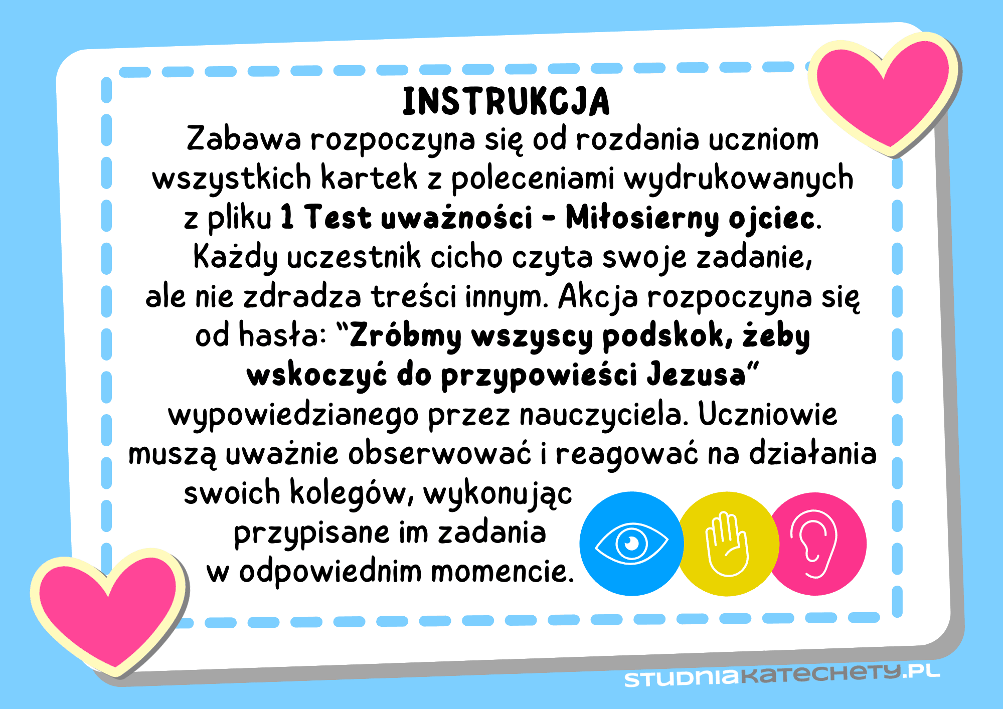 Podgląd wersji do druku testu uważności – czyste strony z poleceniami, przygotowane do łatwego wydrukowania na lekcję religii.