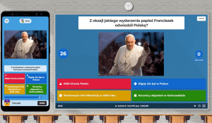 Uczniowie biorący udział w quizie Kahoot na lekcji religii