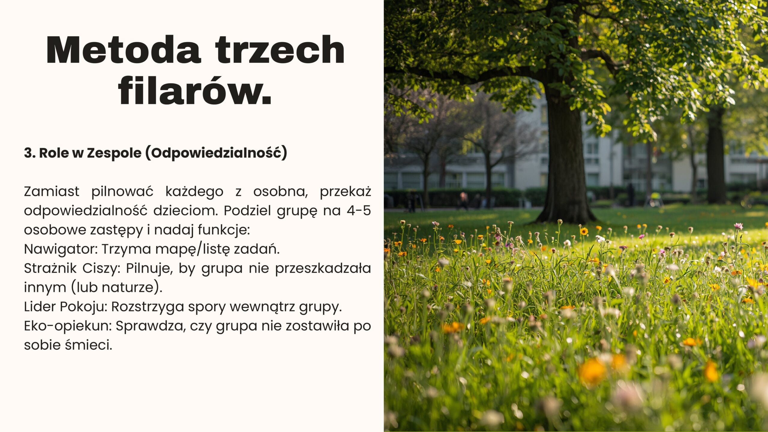 Prezentacja szkolenia Katecheza bez murów przedstawiająca gry terenowe, podchody biblijne i ćwiczenia uważności dla uczniów.
