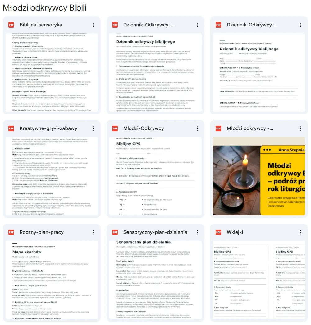 Podgląd plików z materiałami do nagrania „Młodzi odkrywcy Biblii” – prezentacja, karty ćwiczeń i sensoryczne kartki kalendarza